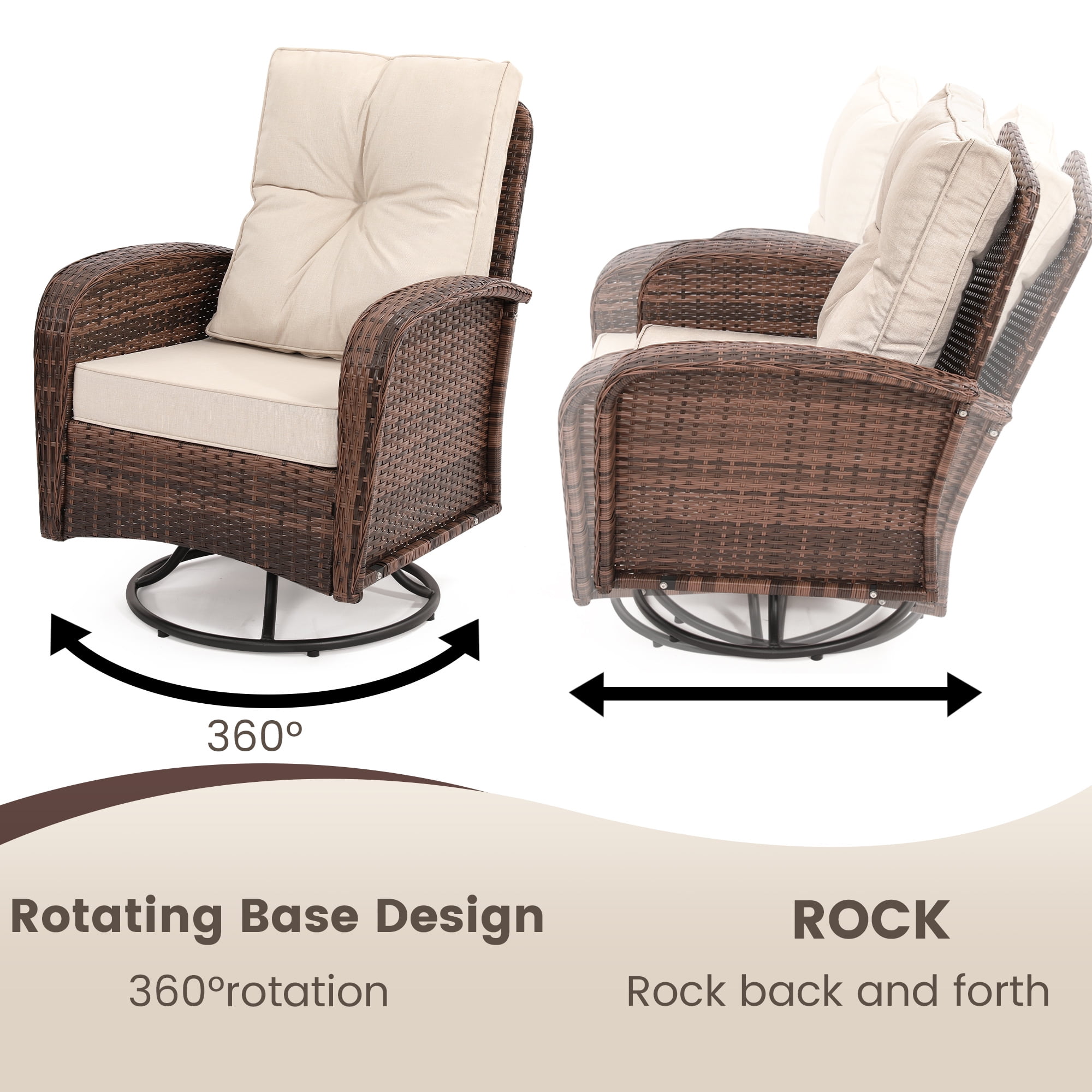 LOGYAT 3-Piece Swivel Wicker Patio Furniture Set, All-Weather Resin Rattan Chairs with Washable Cushions, Tempered Glass Top Side Table for Porch Deck Balcony, Beige Cushions