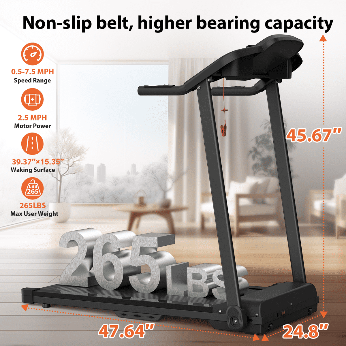 Foldable Treadmill 2.5HP Electric Folding Treadmill Running Walking Machine for Home Gym, Max 265 lbs Weight Capacity, Space Saving Design