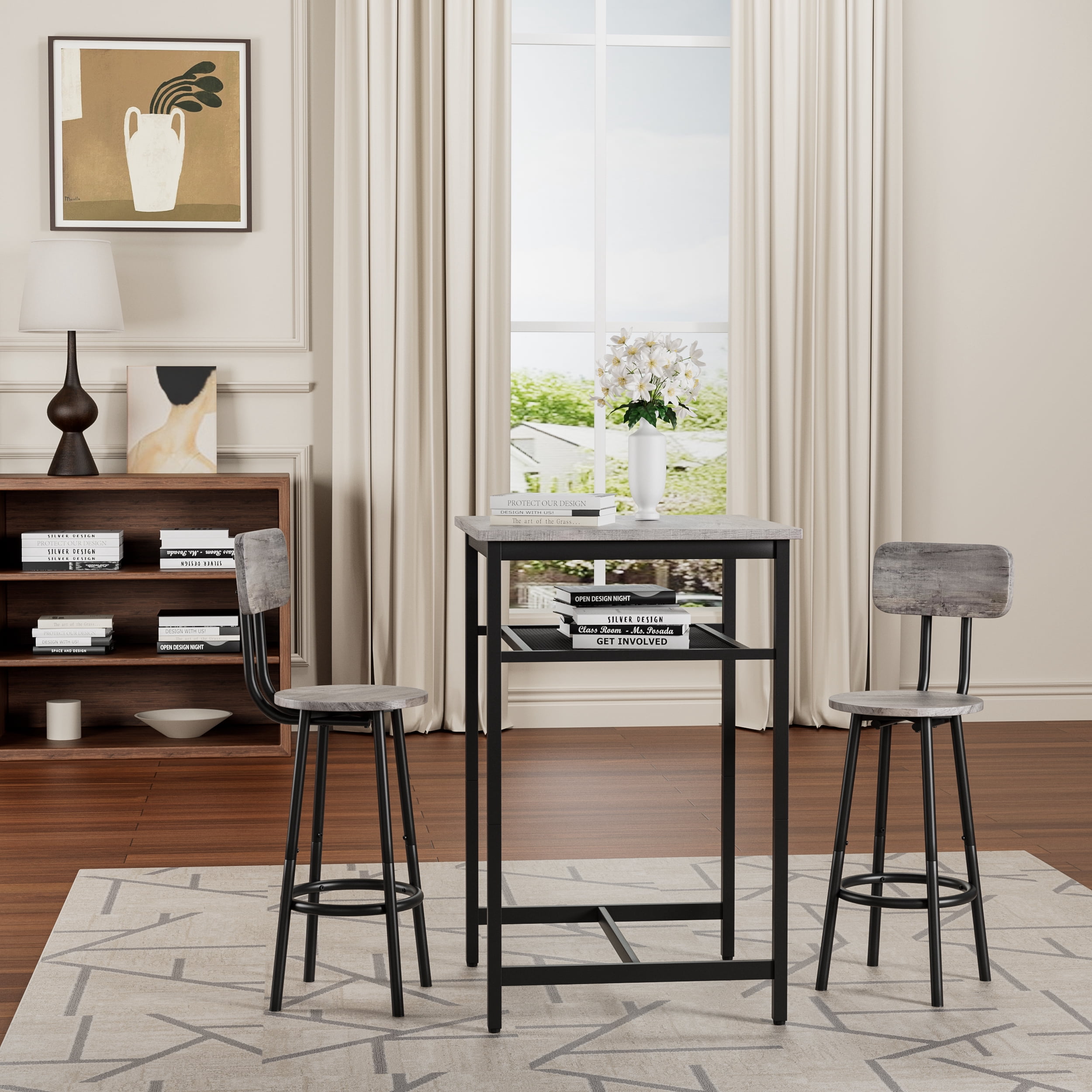 Bar Table Set of 2,Bistro Kitchen Table Sets,Wood Pub Bar Table Set with Storage Rack for Small Space, Apartment,Grey