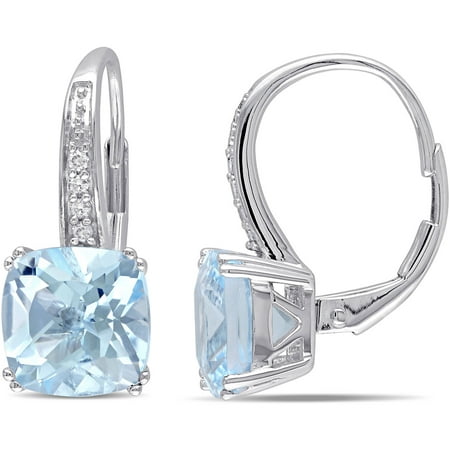 Tangelo 5 Carat T.G.W. Sky Blue Topaz and Diamond-Accent 10kt White Gold Cushion Leverback Earrings