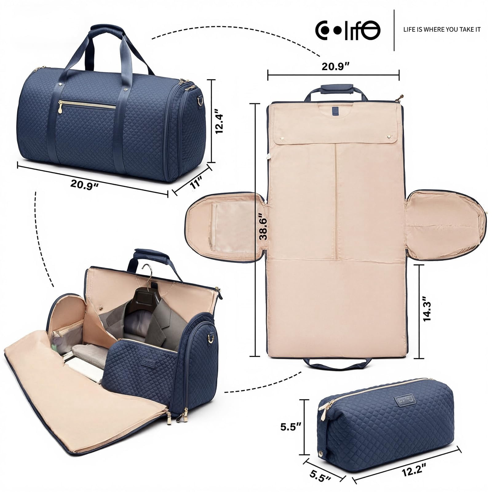 LONG VACATION Garment Bag Carry On Convertible Travel Duffel Bag with Shoe Pouch Weekender Bag for Women Men 2 in 1 Hanging Suit Bag with Shoulder Strap Business Travel Bag