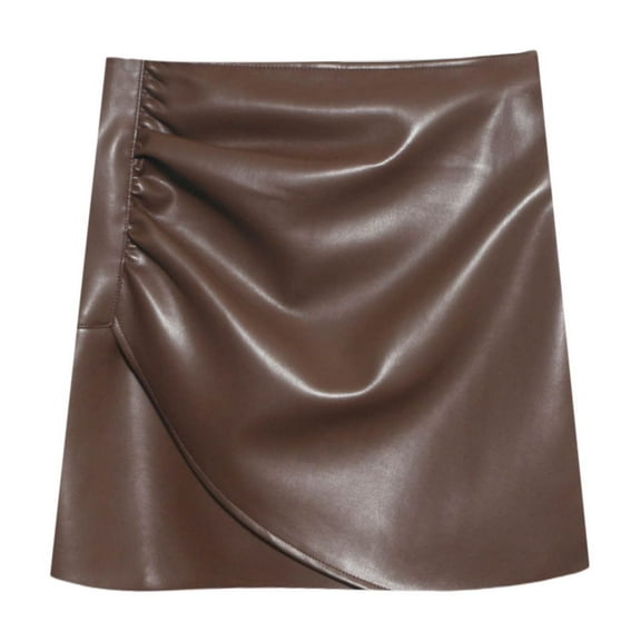 WENWU Waist Irregular Folds Pu Leather Small Skirt Female Package Skirt Skirt for Girls Plaid Midi Skirts for Women