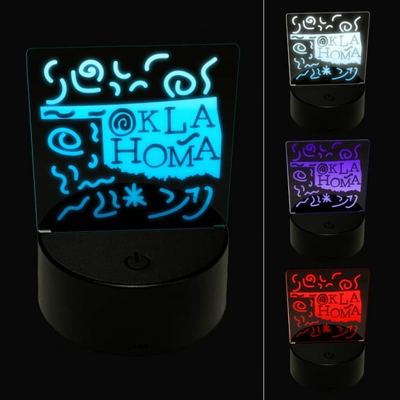 Oklahoma State with Text Swirls LED Night Light Sign 3D Illusion Desk Nightstand Lamp