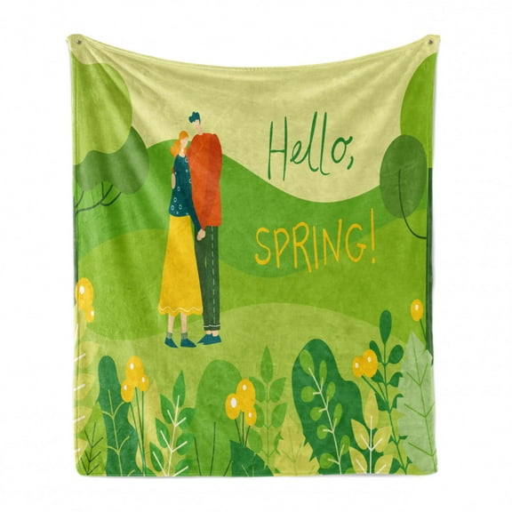 Hello Spring Soft Flannel Fleece Throw Blanket, Romantic and Joyous Couple Hugging in a Meadow Flowers and Leaves, Cozy Plush for Indoor and Outdoor Use, 60" x 80", Multicolor, by Ambesonne