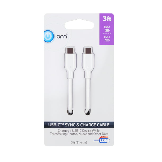 Onn 3' USB-C Sync & Charge Cable, White 