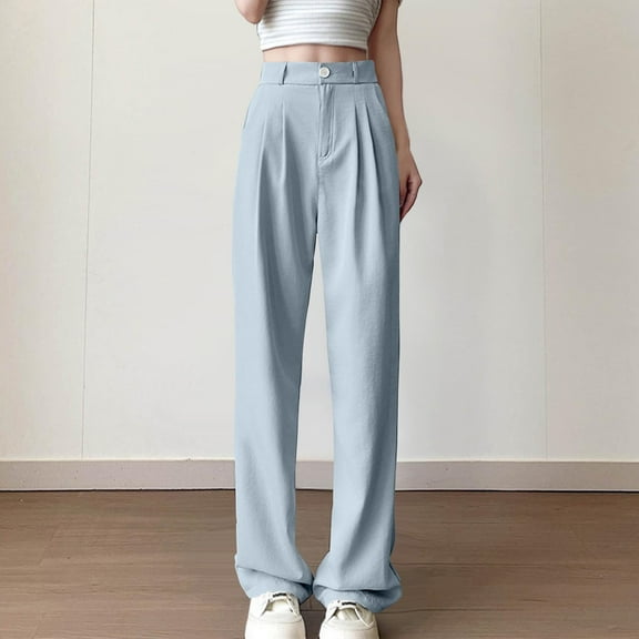CQONEPT Dress Pants for Womens High Waist Straight Leg Pant Lerisure Casual Slacks Button Fron Office Wear Trousers Light Blue L