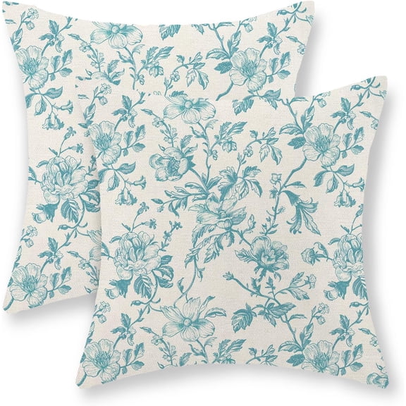 Teal Floral Pillow Covers 18x18 Set of 2 Teal Chinoiserie Floral Decorative Throw Pillows Vintage Rustic Flower Toile Pillowcase Linen Outdoor Farmhouse Cushion Cover for Couch Sofa Bed Decor