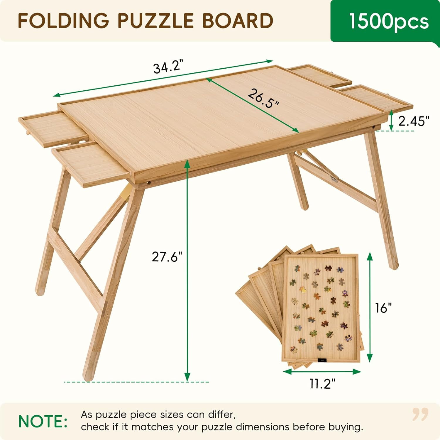 27.6" high 1500 piece puzzle table with legs, 4 drawers, 34.3" wide x 26.5" deep,