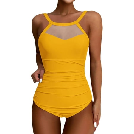 MGCWSH Women s One Piece Swimsuit Mesh Bathing Suit Ruched High Neck Swimwear Yellow 2XL