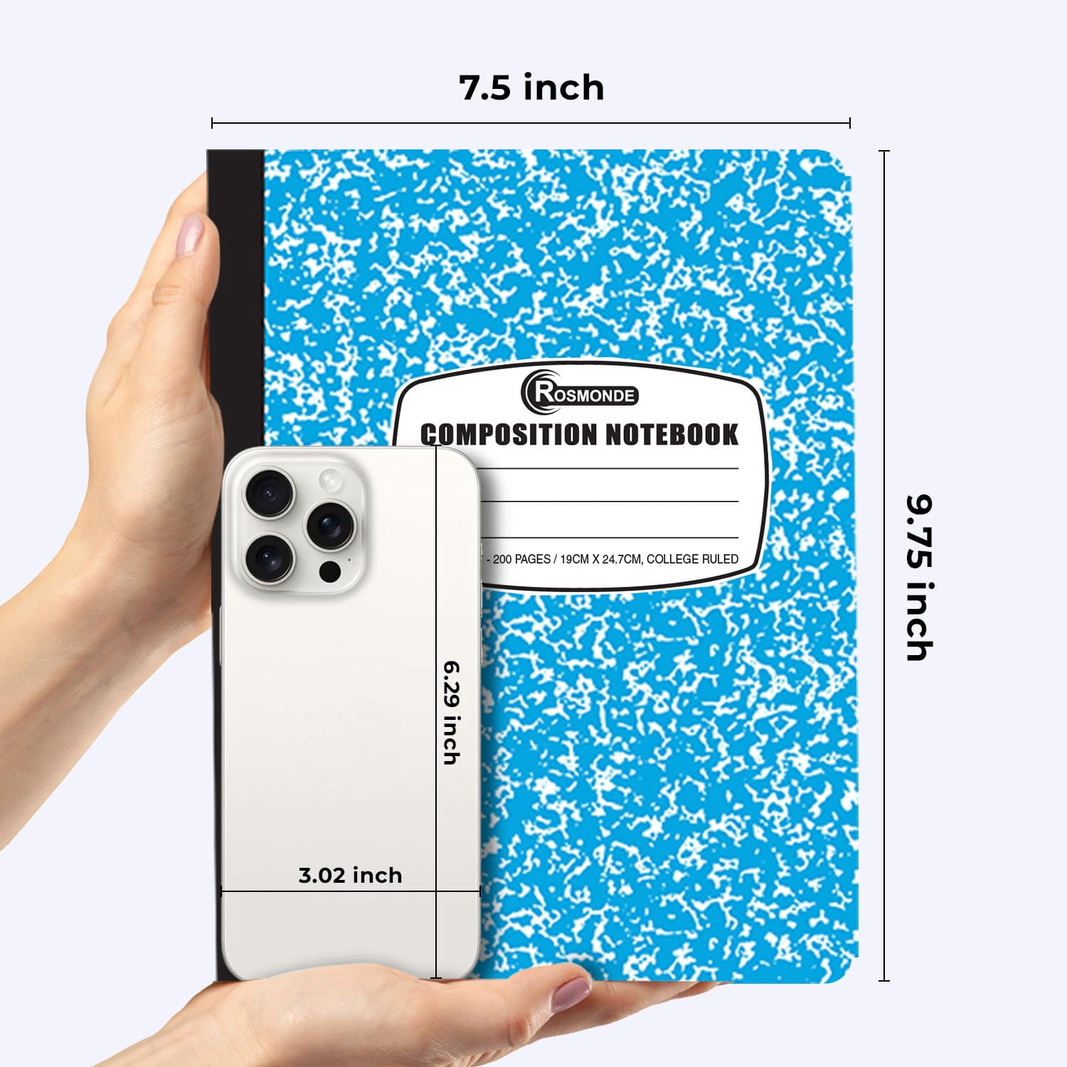 Rosmonde Composition Notebooks Bulk, 50 Pack, College Ruled, 200 Pages (100 Sheets), 9.75 x 7.5 in, Hard Cover Binding, Back to School Supplies, Bulk Notebooks for School & Office Use