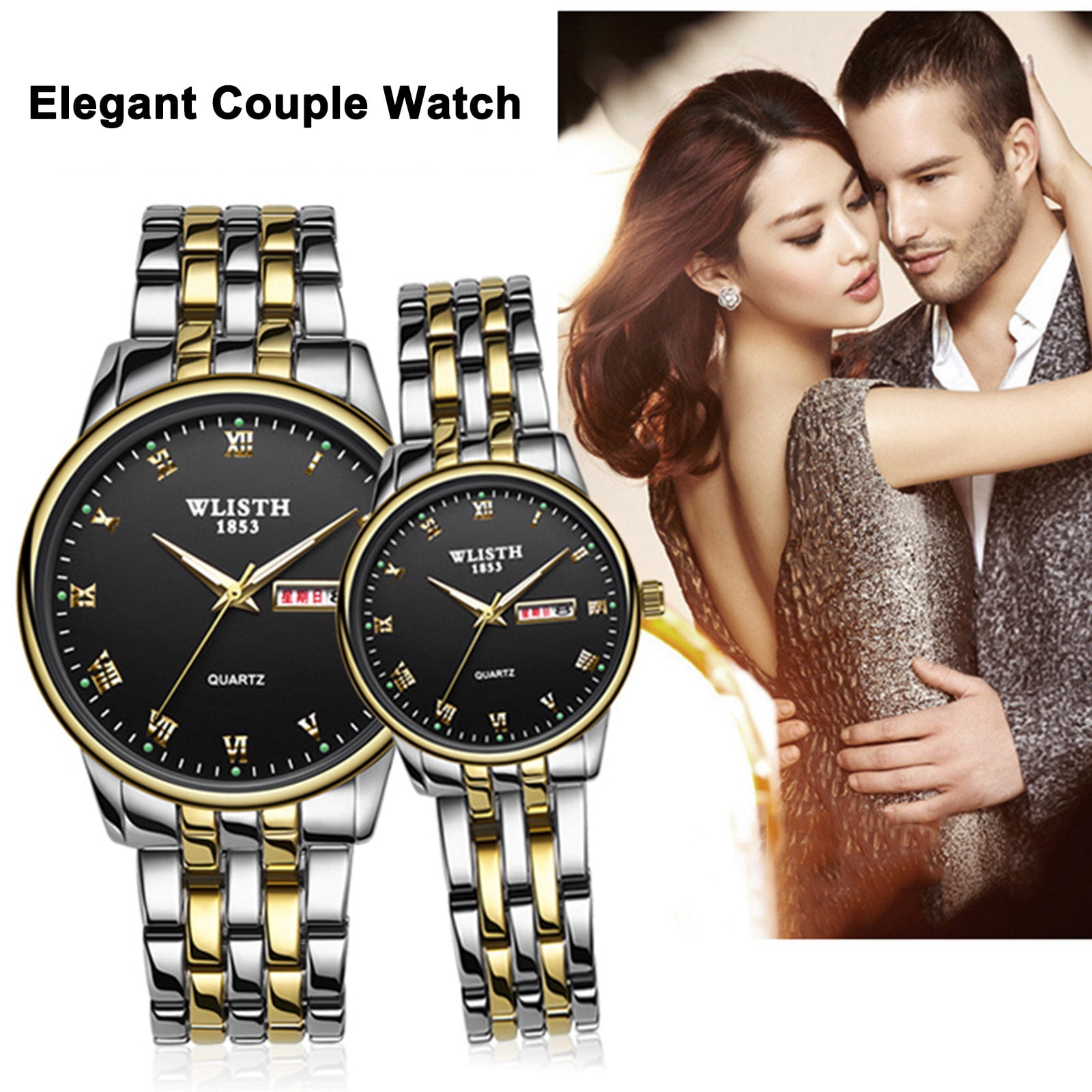 Anself WLISTH Q359 Couple Watch Elegant Stylish His and Hers Quartz Wrist Watch Classic Business Dress Watch for Men Women with Week Date Luminous 30M Waterproof Stainless Steel Strap Walmart