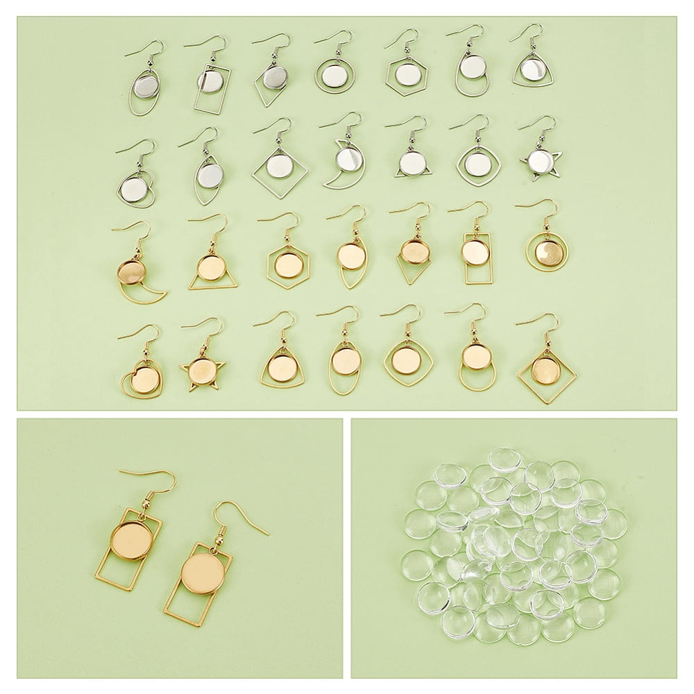 1 Set DIY Blank Dome & Mixed Shape Stainless Steel Dangle Earring Making Kit Mixed Color 45mm 28 pairs/set