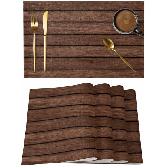 Dark Brown Wooden Placemats Set of 6 Vintage Western Country Wooden Board Place Mats Indoor Wipeable Table Mats Washable Cloth Dining Table Placemats for Kitchen Holiday Party Home Decor 12x18 Inch