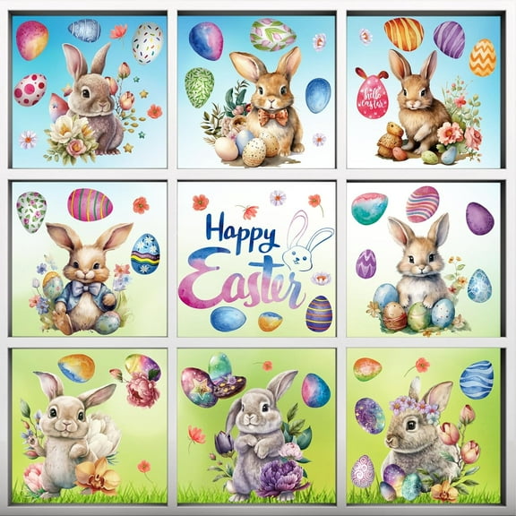 9 Sheets Happy Easter Window Clings Stickers - Cute Eggs Bunny Carrot Glass Decals for Spring Decor, for Home Office Shop Party Supplies Decoration