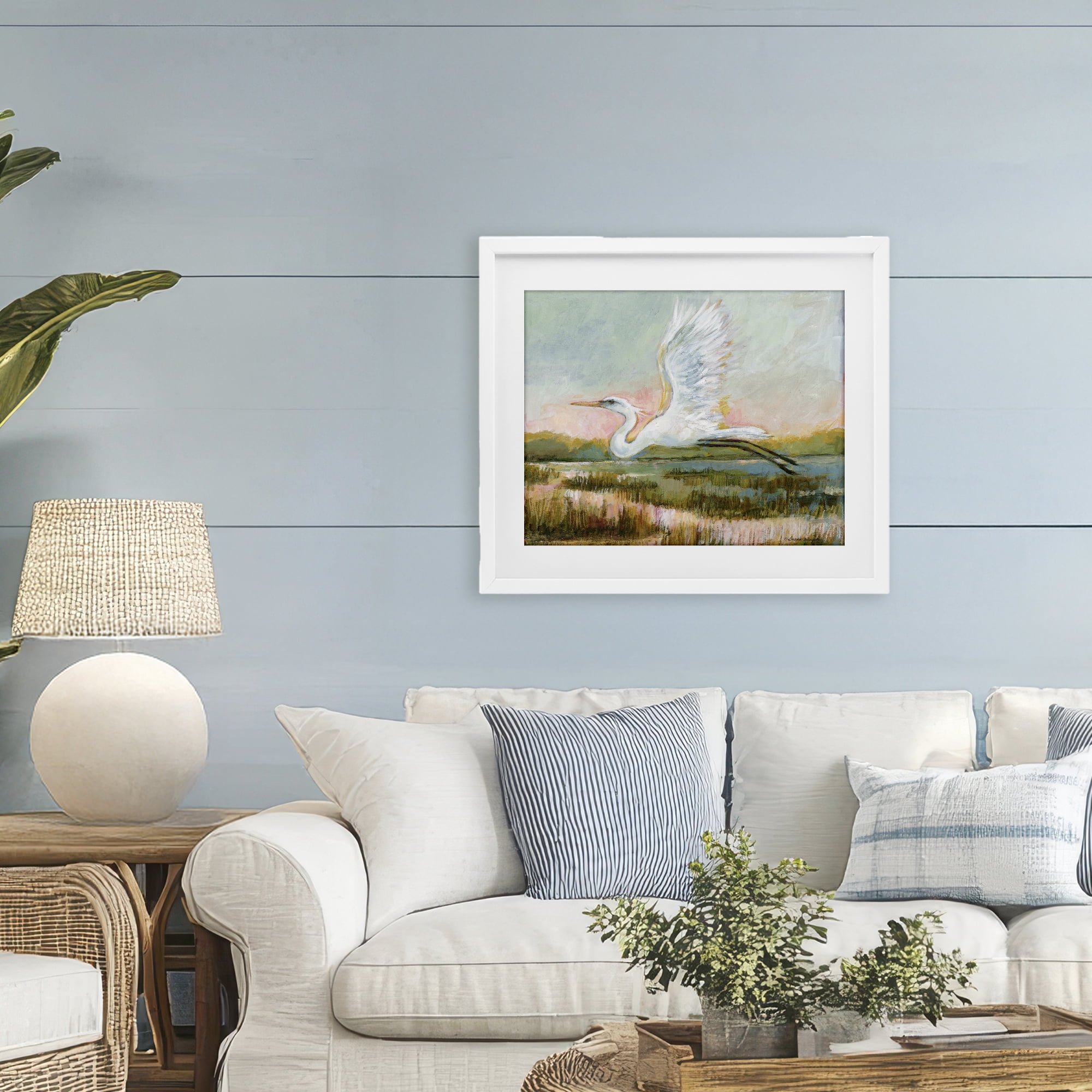 Stupell Industries White Heron Flying White Framed Print Under Glass, design by Susan Winget