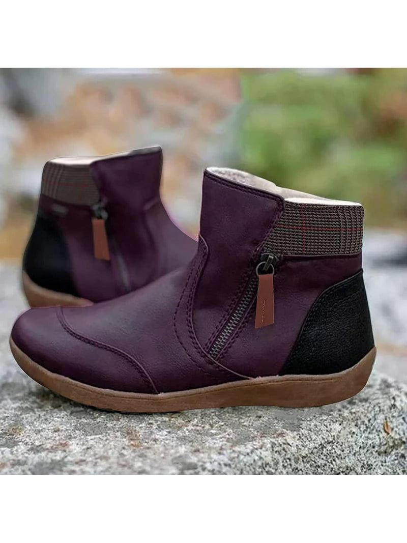 Tawop Hunter Boots, Vintage Splicing Round Toe Plus Velvet Zip Up