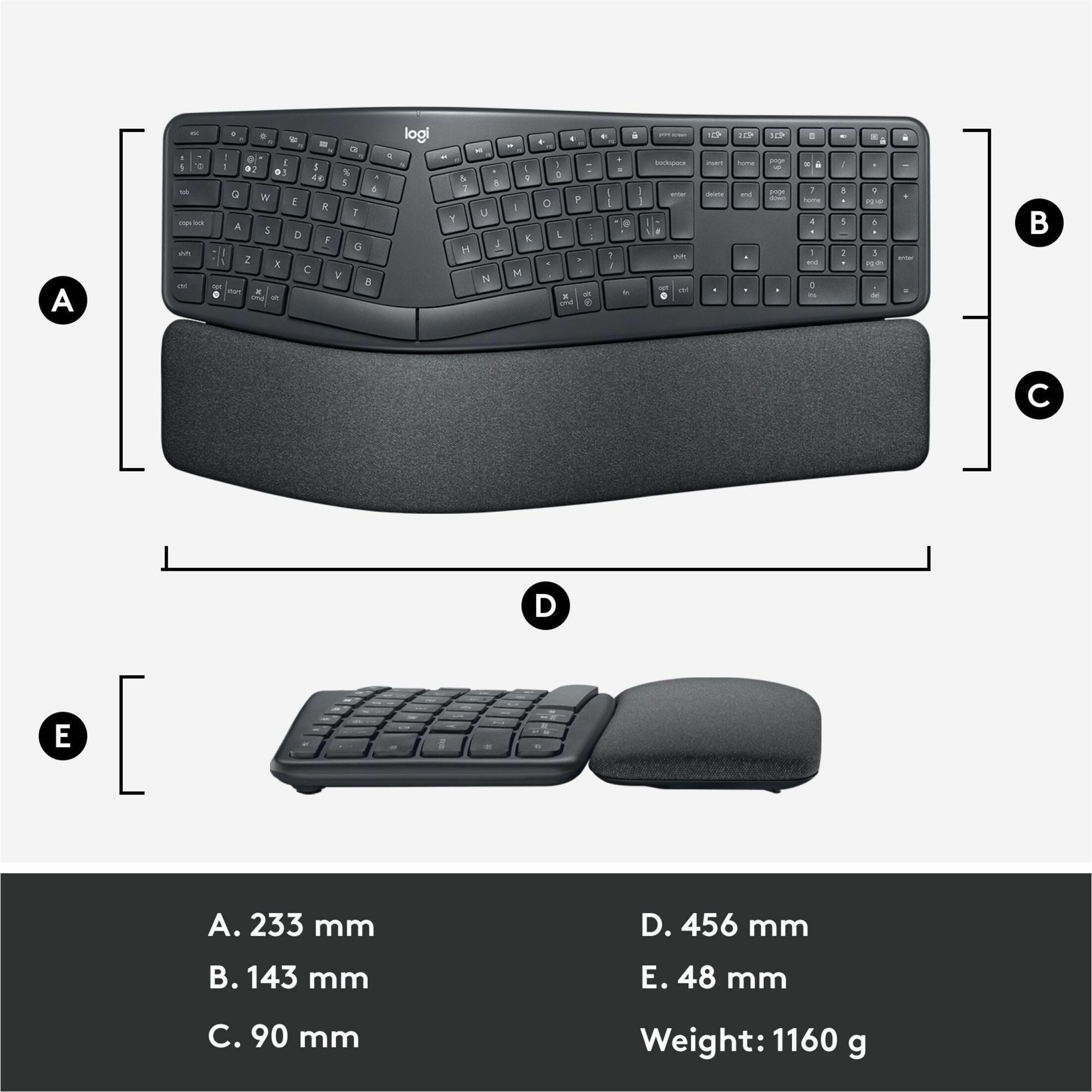 Open Box Logitech Ergo K860 Split Wireless Keyboard for Business, Ergonomic Design, Secured Logi Bolt Technology, Graphite