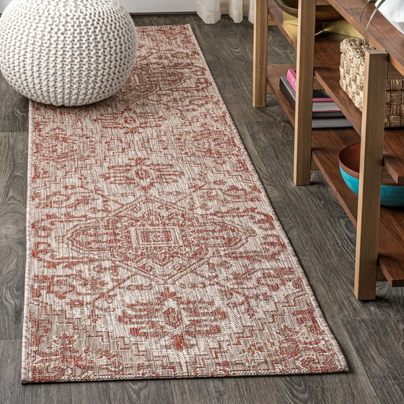 JONATHAN Y SANTA MONICA 2 x 8 Runner Rug, Estrella Bohemian Medallion Textured Weave - Red/Taupe, SMB105A-28