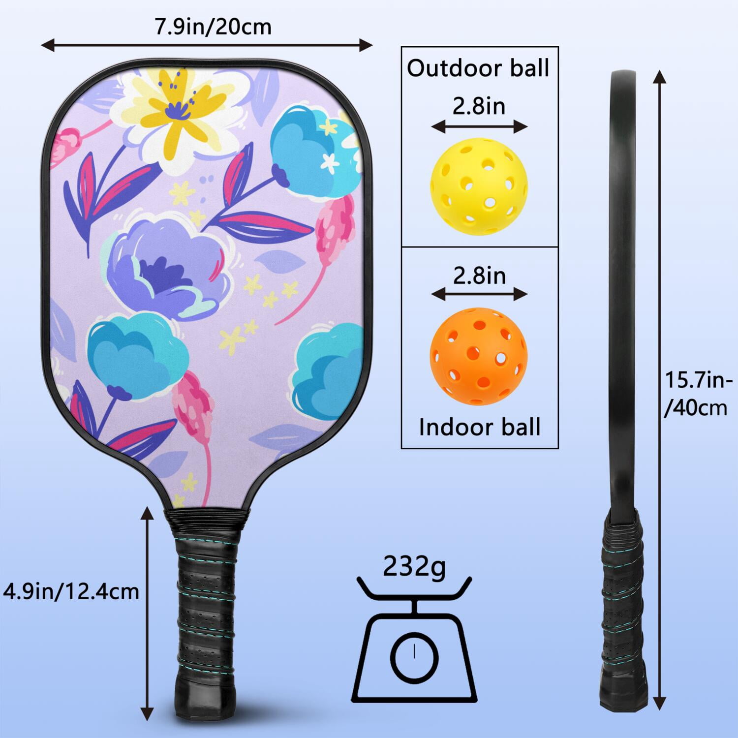 Pickleball Paddles Set Of 2, Fiberglass Surface, Vintage Floral Print, 4 Balls & Bag
