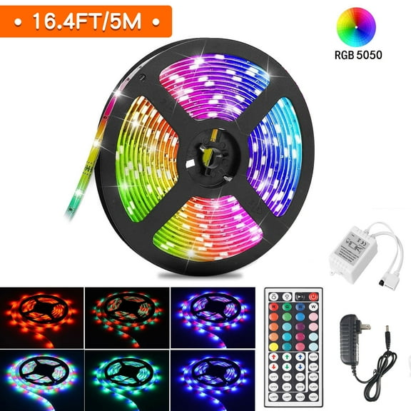 Led Strip Lights Waterproof 16.4ft 5m Flexible Color Changing RGB SMD5050 LED Strip Light Kit with 44 Keys IR Remote Controller for Bedroom Home Kitchen Decoration DIY
