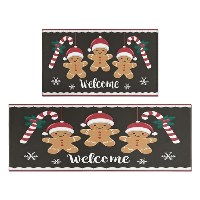 Christmas Kitchen Rug Set of 2 Absobent Kitchen Mats for Floor,Welcome Christmas Gingerbread Man Candy Kitchen Rugs and Mats for Bathroom,Room Cooking (47x17+30x17in)