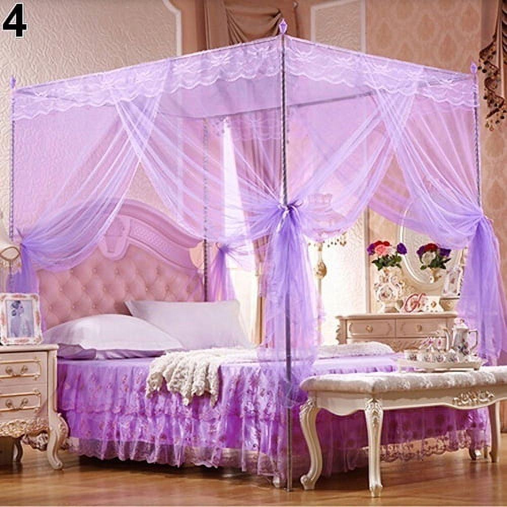 D-GROEE 4 Corners Post Canopy Bed Curtains Cozy Drape Canopy Bed Frames Netting for Twin Full Queen King Bed - Cute Princess Lace Bedroom Decoration