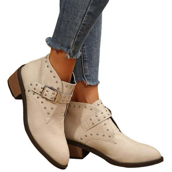 Womens Ankle Boots Fashion Stacked Heel Short Chelsea Boots Slip On Pointed Toe Studded Strap Fall Booties Beige Size 5.5