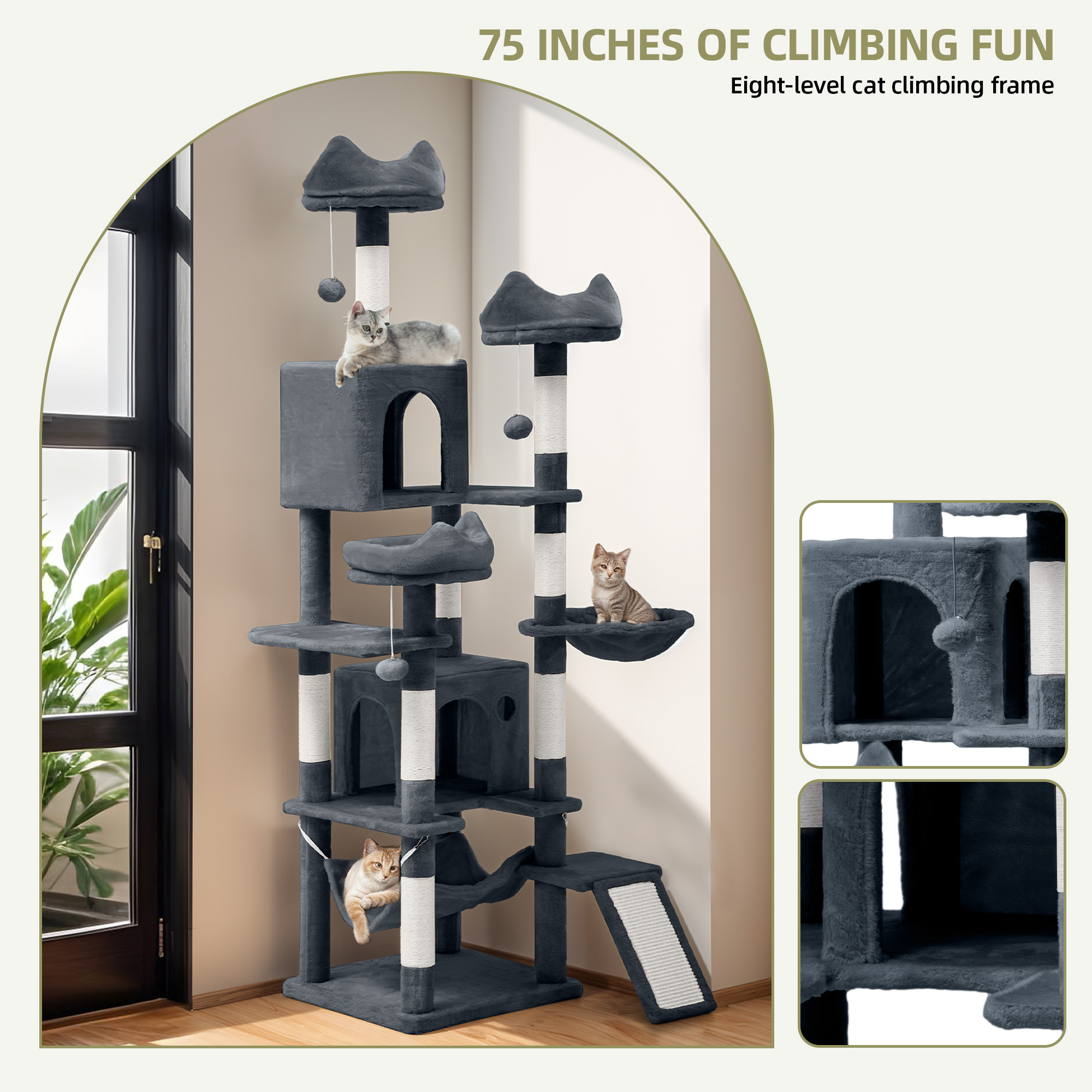 Uforic Large Cat Tree, Multi-Level Tower Condos with Scratch Posts, Cozy Basket Hammocks, Top Perches, Sisal Ramp, Pet Play House, 75in