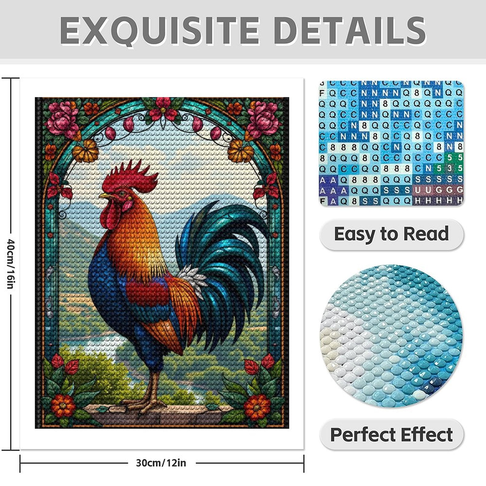 Diamond Art Kit for Adults, Colorful Rooster Stained Glass Art Diamond Painting for Adults Beginners, DIY Diamond Art Painting Kits, 5D Diamond Painting Crafts for Home Decor 12x16 Frameless