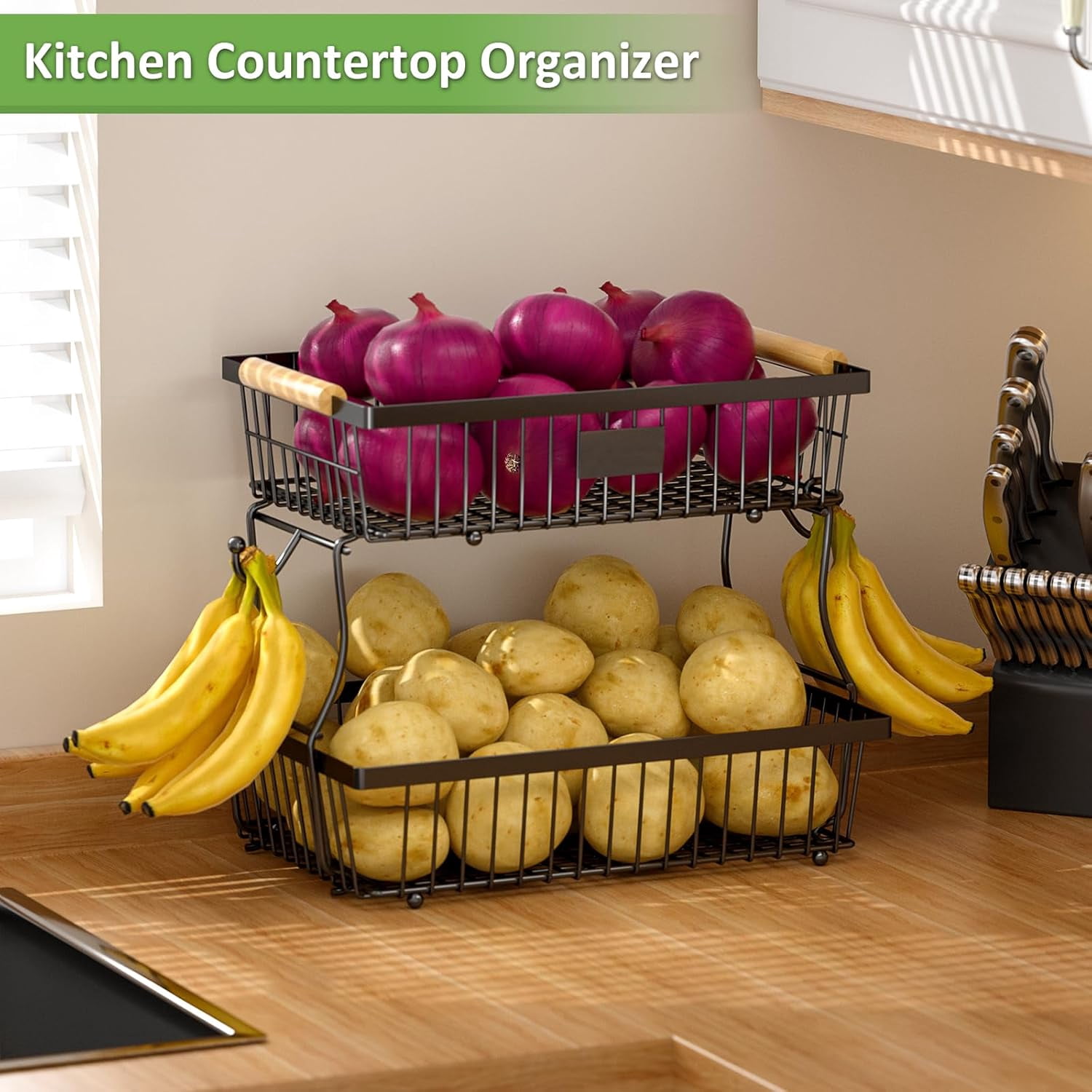 2 Tier Fruit Basket for Kitchen Counter with 2 Banana Hangers, Countertop Metal Bread Basket with Wooden Handle, Large Storage Stand for Vegetables, Snacks, Eggs, Produce Storage – Black