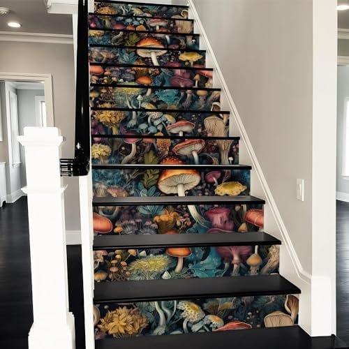 Fairytale Mushroom Forest Modern Peel and Stick Vinyl Stair Riser Decals - Abstract Art Decoration Self-Adhesive Home Decor Staircase Tile Stickers (14 Pcs)