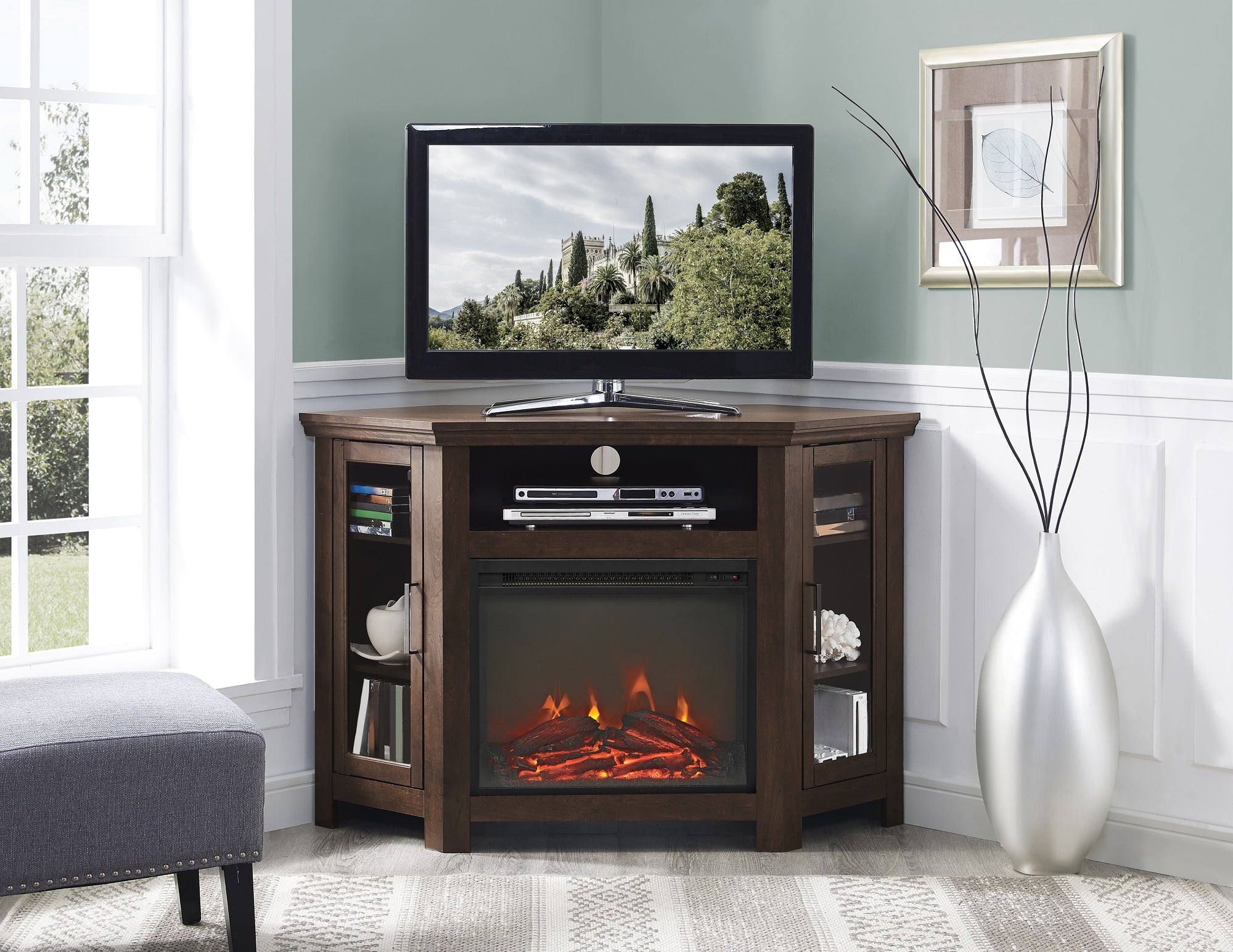 Walker Edison Brown Corner Fireplace Tv, Corner Tv Stand With Fireplace 65 Inch