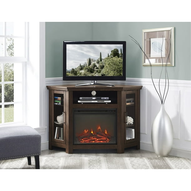 Walker Edison Brown Corner Fireplace Tv, How To Build A Corner Tv Stand With Electric Fireplace