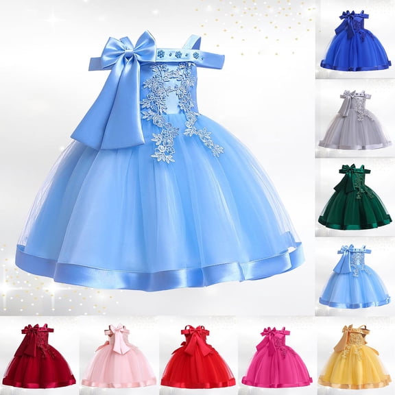 Trendfront Girls Princess Dress Crew Neck Sleeveless Off Shoulder Sweet Bowknot Elegant Birthday Party Pageant Stage Gown