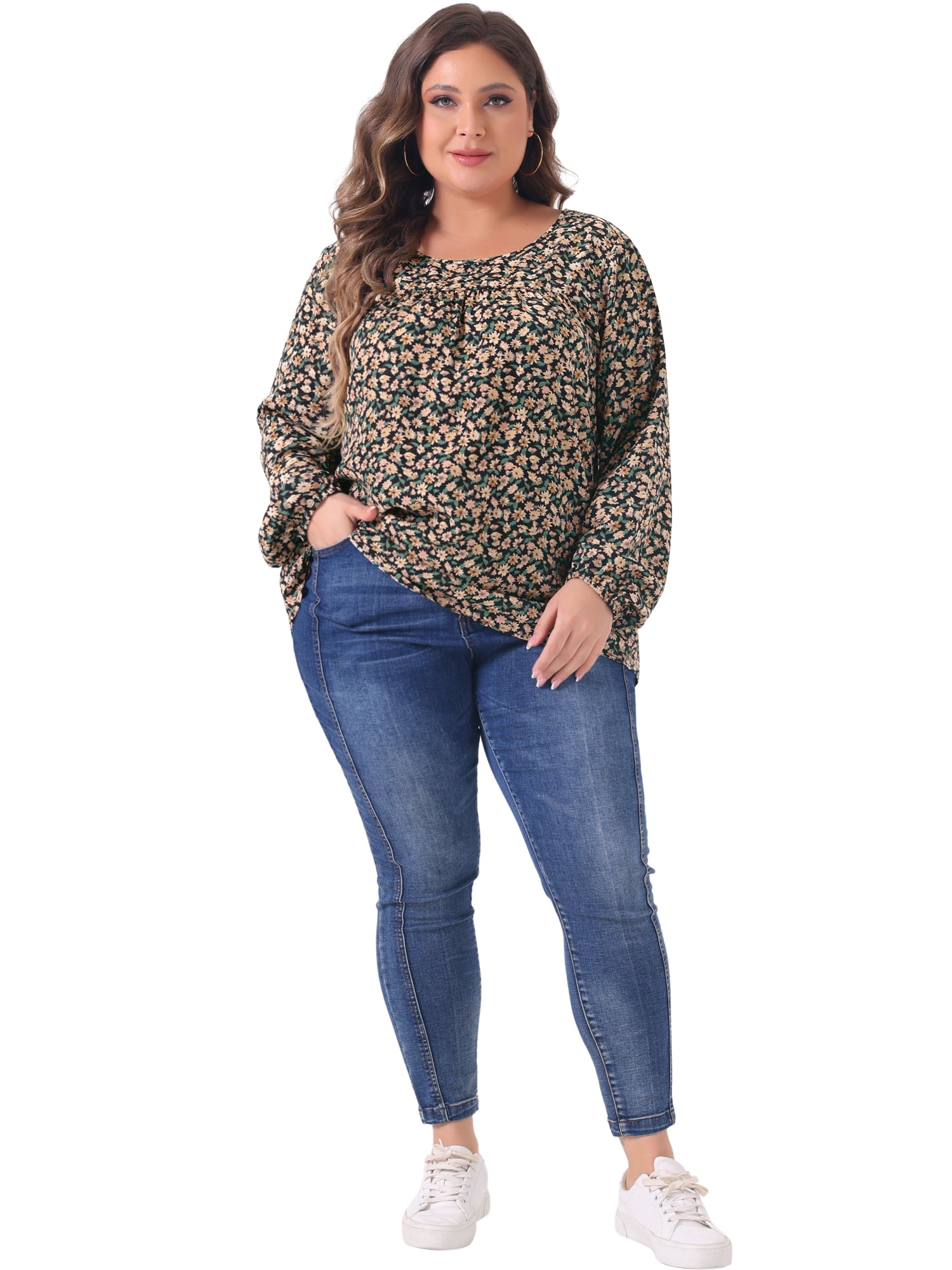 Unique Bargains Women's Plus Size Long Sleeve Floral Print Blouses Tops 4X Black Beige