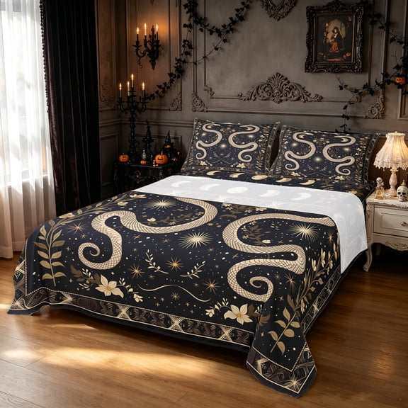 Feelyou Boho Snake Bed Sheets, Hippie Floral Moon Stars Full Size Sheets, Black Beige, 4 Pieces, 1 Flat Sheet, 1 Fitted Sheet and 2 Pillowcases
