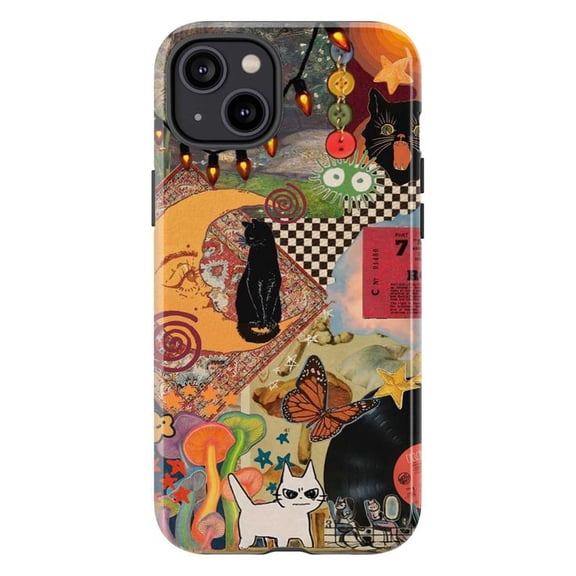 Trippy Black Cat Retro Art Phone Case, Vintage Grunge Checkerboard Design for iPhone 17 16 15 14 13 12 11 Pro Max Plus Mini