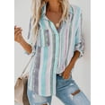 thumbnail image 3 of QWZNDZGR Womens V Neck Striped Roll up Sleeve Button Down Blouses Top, 3 of 3