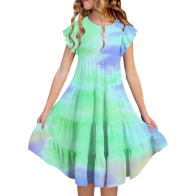 Robes d'Été pour Préadolescente Robe Chic Robe Trapèze pour Fille Robe à Manches Volantées Robe Verte Robe Tutu pour Filles