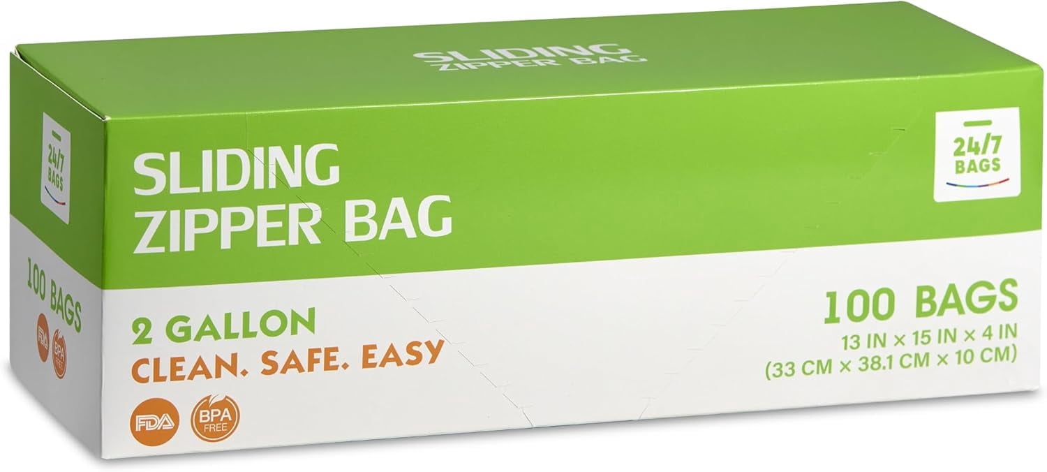24/7 Bags 2-Gallon Slider Food Storage Bags – Expandable Bottom, 80 Count
