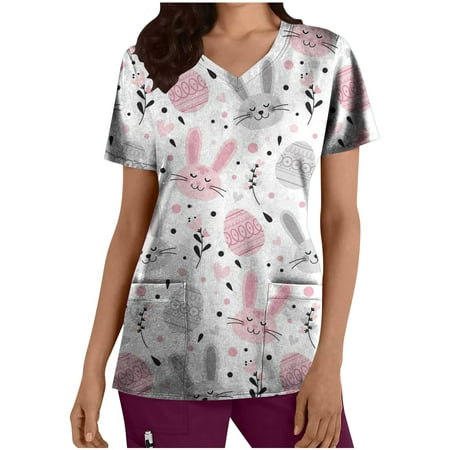 

Easter T Shirt Ladies US Scrub Tops for Women Sale Summer Short Sleeve Easter Egg Shirts V Neck Comfy Loose Fit Cute Rabbit Shirts Bunny Tees Pockets Flared Nursing Working Uniform Workwear Tops