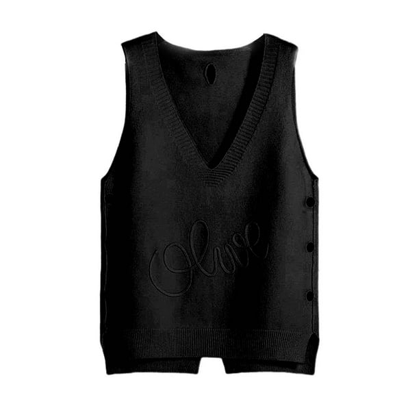 Women Knitted Vest Fashion Loose Sweater Black Color Casual Style Sleeveless  V Neck with Side Button Knitting Tops Outerwear 2XL 