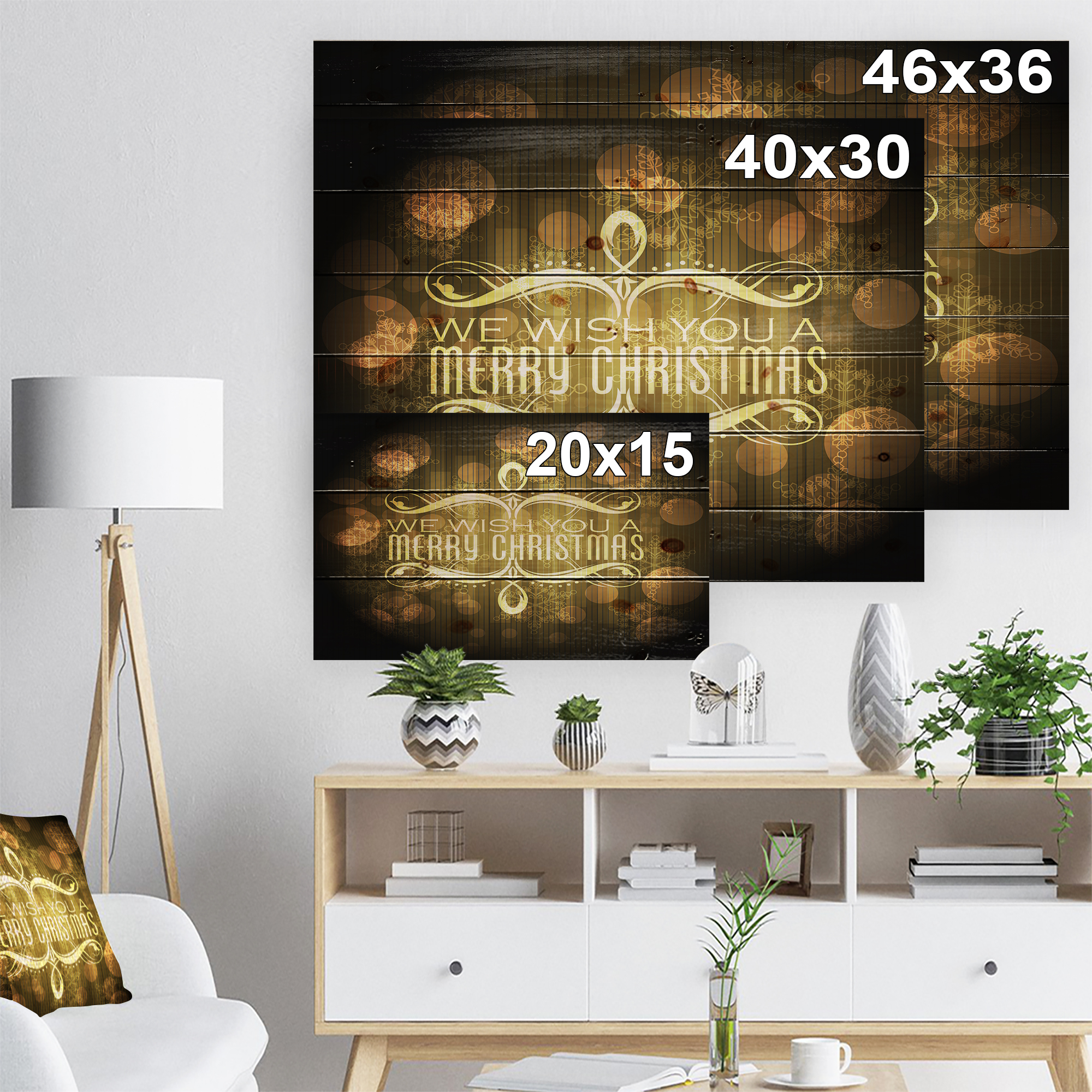 Designart 'Stylish Merry Christmas Wish on Yellow and Black' Print on Natural Pine Wood