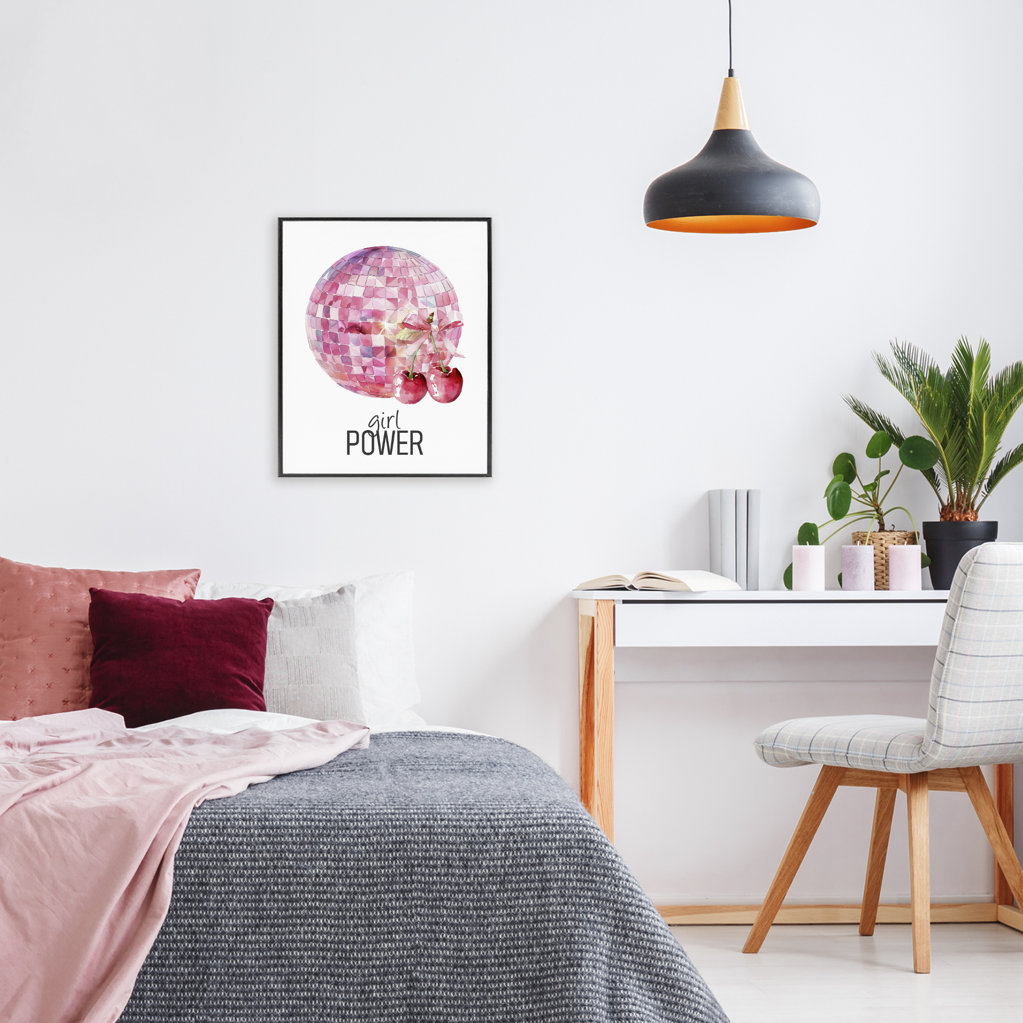 Girl Power Disco Cherries Black Framed Giclee Art, design by Kim Allen