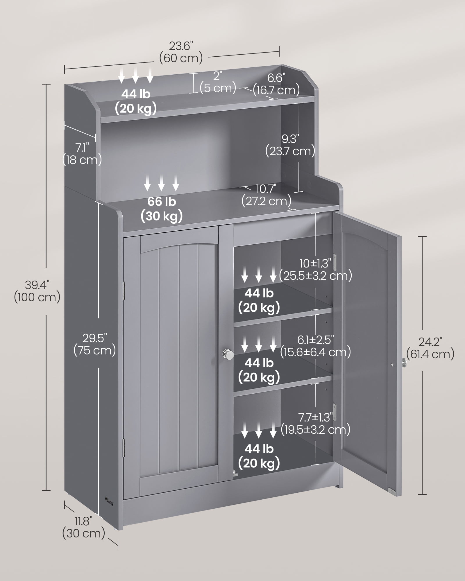 Bathroom Cabinet, Bathroom Storage Unit with 2 Doors, 2 Adjustableelves, 30 x 60 x 100 cm Storage Cabinet, for Dining Room, Kitchen, Living Room, Dove Grey