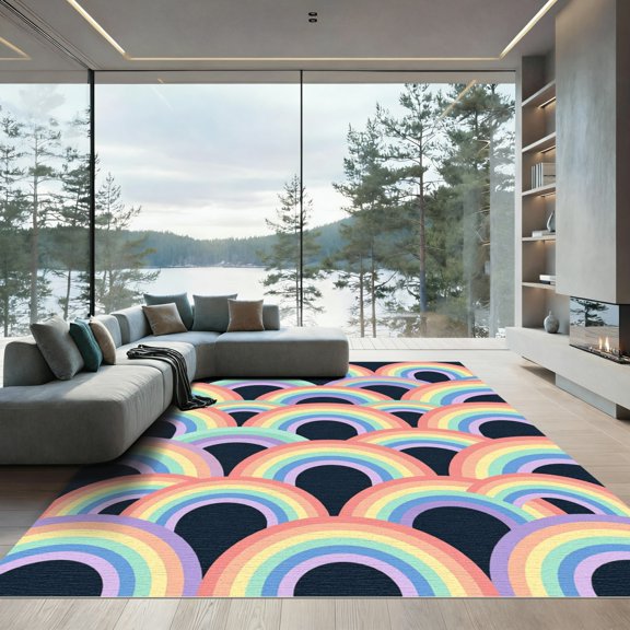 ODIKA 4'x6' Machine Washable Non-Slip Area Rug, 70s Multicolor High Traffic Rug, Black, 1293636