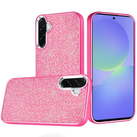 For Samsung Galaxy A36 / A56 Crystal Glass Diamond with Metallic Buttons and Edges Hybrid Case - Hot Pink