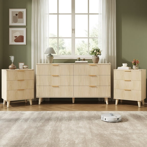 GIKPAL Bedroom Dresser and Nightstand 3 Piece Set - Includes Boho Double 6 Drawer Storage Dresser, Nightstand Set of 2 with Charging Station, Modern Bedroom Set, Natural