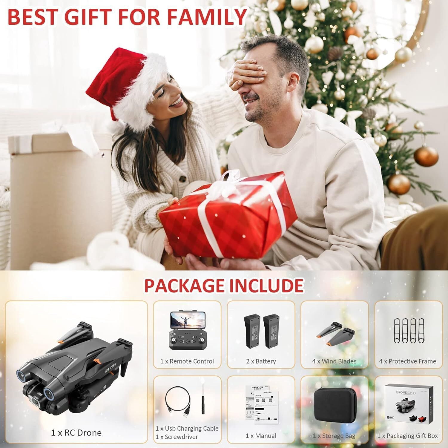 TOPCHANCES I3 PRO FPV Drone with 4K Dual Cameras, RC Quadcopter for Kids Adults with Altitude Hold, One Key Landing, Obstacle Avoidance, Headless Mode, 2 Batteries (Black)