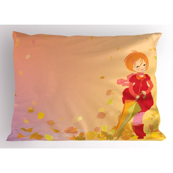 Anime Pillow Sham Smiling Little Girl Holding an Umbrella in the Windy Autumn Season Fallen Leaves, Decorative Standard King Size Printed Pillowcase, 36 X 20 Inches, Multicolor, by Ambesonne